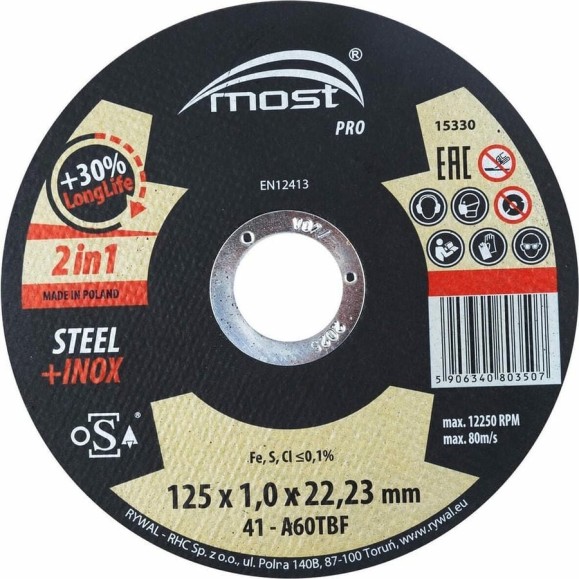 Круг отрезной Pro steel+inox 41 универсальный 125x1x22 мм MOST 9414625100 Круг отрезной Pro steel+inox 41 универсальный 125x1x22 мм MOST 9414625100
