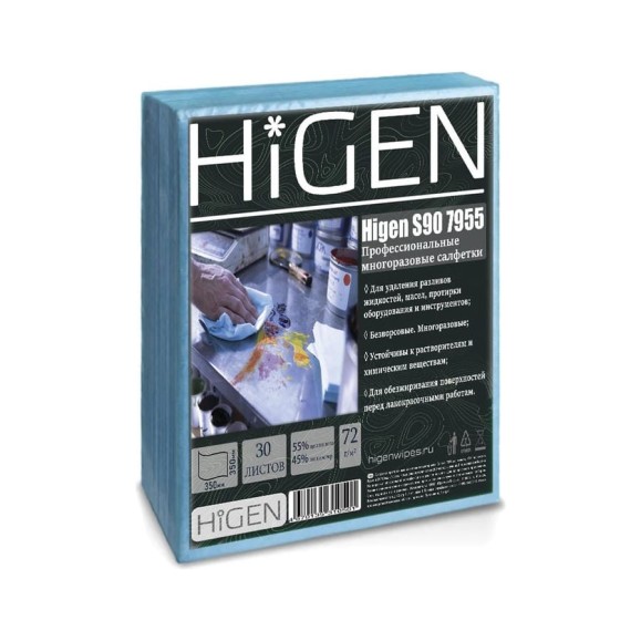 Универсальные безворсовые салфетки Higen S90 в листах, синие, 72 gsm, 35x35 см, 45/55, 30лст/пач 7955 Универсальные безворсовые салфетки Higen S90 в листах, синие, 72 gsm, 35x35 см, 45/55, 30лст/пач 7955
