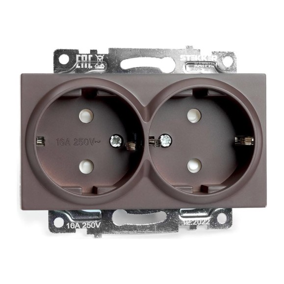 Розетка STEKKER 2-местная с/з (механизм), GLS16-7114-04, 250В, 16А с защитной шторкой, серия Катрин, шоколад, 49030