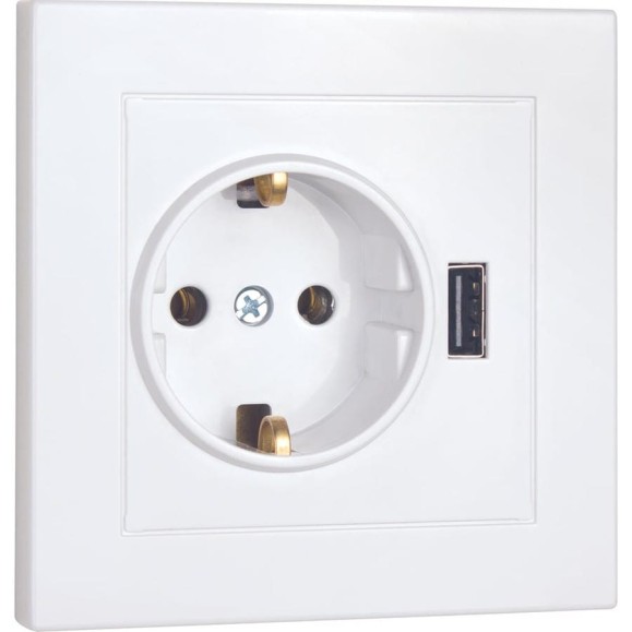 Розетка Nilson 220В, с заземляющим контактом + USB, зарядка 2,1А, 1 порт, moda белый, 21112090