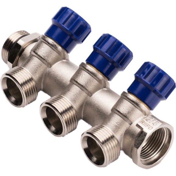 Коллектор RIIFO Flow с вентилями 3/4" ВР/НР 3x1/2"НР конус ц/ц 35 мм синие рукоятки 1100047705