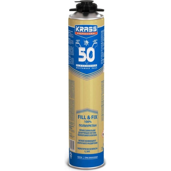 Монтажная пена KRASS professional v50 пистолетная, всесезонная, 0.75 л ЛА-00000634