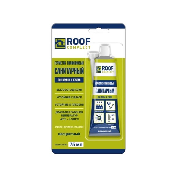 Силиконовый санитарный герметик Roof Complect в тюбике, бесцветный, 75 мл 00000429216 Силиконовый санитарный герметик Roof Complect в тюбике, бесцветный, 75 мл 00000429216