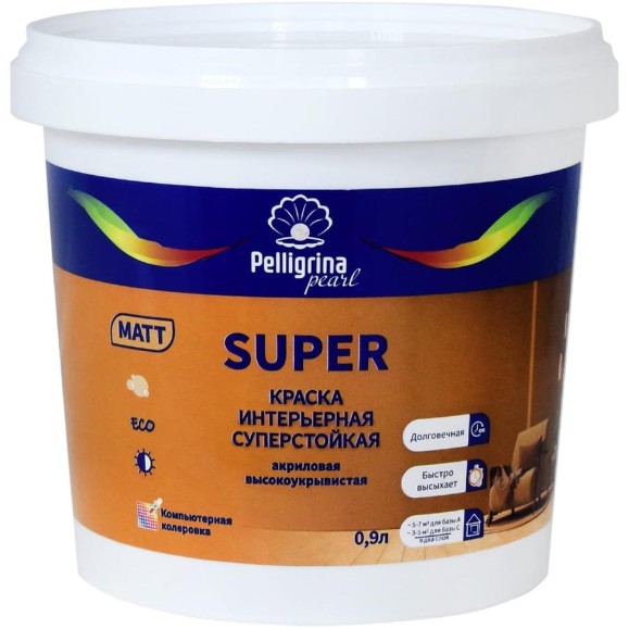 Интерьерная краска PELLIGRINA PAINT super, акриловая, матовая, база С, бесцветная, 0.9 л 256887