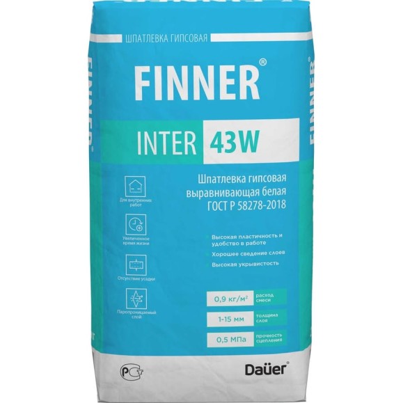 Гипсовая выравнивающая шпатлевка Dauer finner inter 43w белая. 20 кг 31676