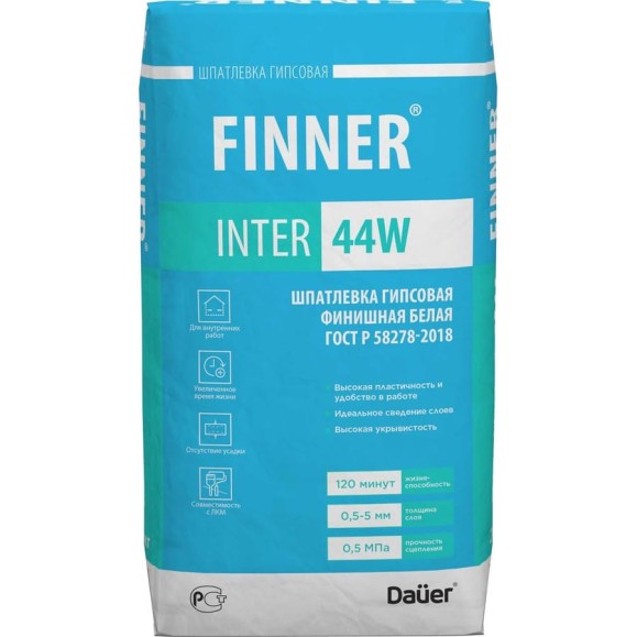 Гипсовая финишная шпатлевка Dauer finner inter 44w белая, 20 кг 31690