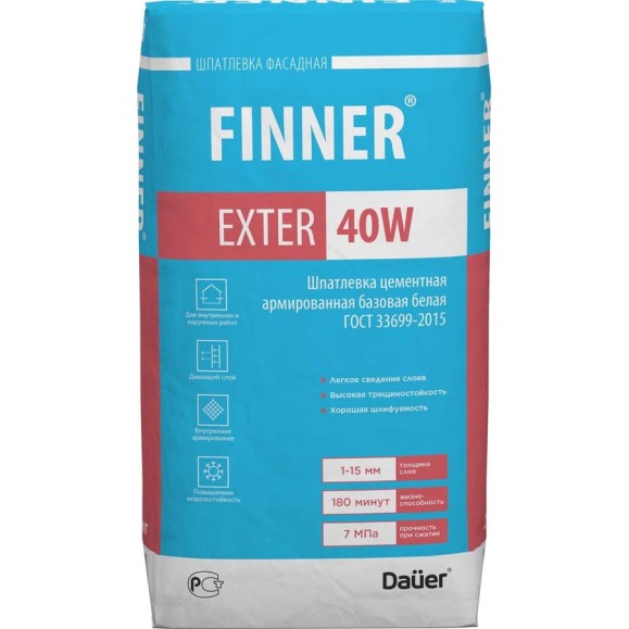 Цементная армированная базовая шпатлевка Dauer finner exter 40w белая, 25 кг 31591