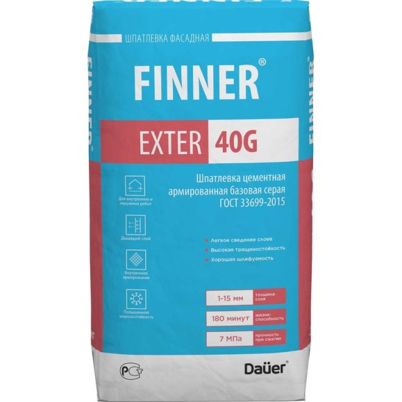 Цементная армированная базовая шпатлевка Dauer finner exter 40g серая, 25 кг 31614