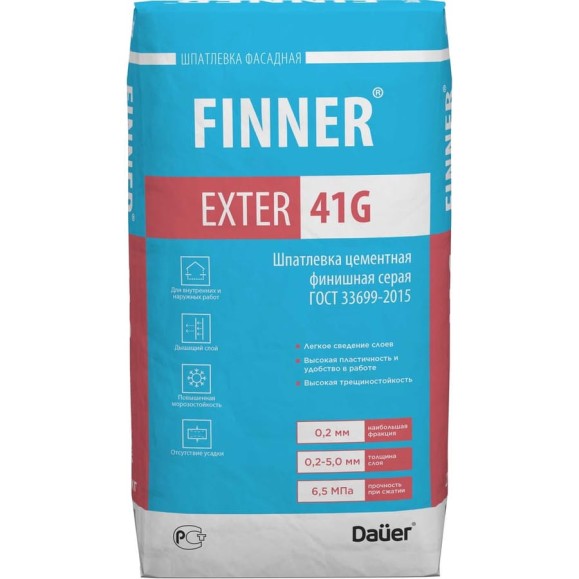 Цементная финишная шпатлевка Dauer finner exter 41g серая, 20 кг 31638