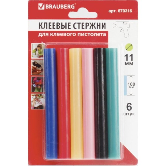 Клеевые стержни 11х100 мм, цветные, комплект 6 шт BRAUBERG 670316 Клеевые стержни 11х100 мм, цветные, комплект 6 шт BRAUBERG 670316