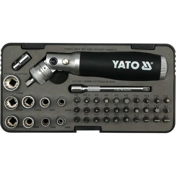 Отвертка с трещоткой, головки и биты YATO 42 предмета YT-2806