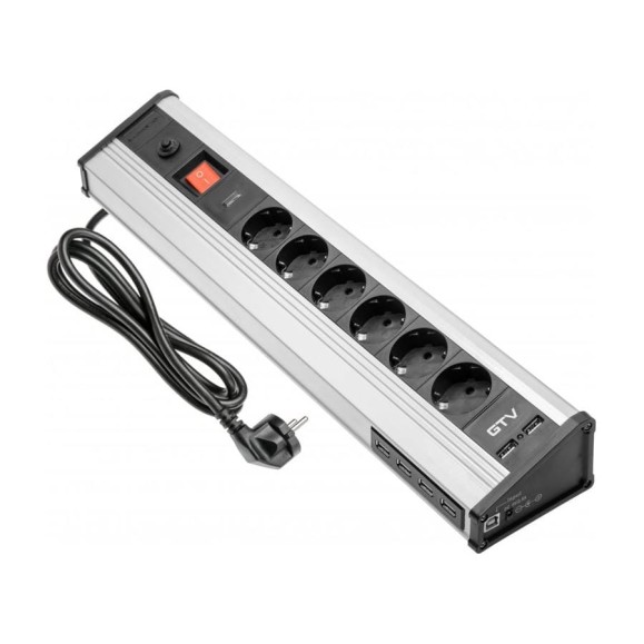 Накладной прямоугольный удлинитель GTV multi, 6xschuko, 4xusb порт, 2xusb/5v, вилка провод 1,8м, черный-серебро AE-PBMUL6S6U-53 Накладной прямоугольный удлинитель GTV multi, 6xschuko, 4xusb порт, 2xusb/5v, вилка провод 1,8м, черный-серебро AE-PBMUL6S6U-53