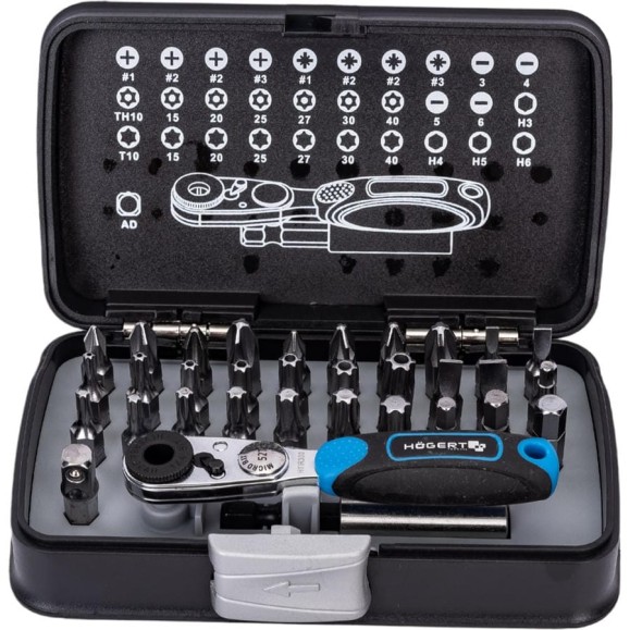Набор бит с трещоткой HOEGERT TECHNIK 1/4 , SL, PH, PZ, HEX, Torx, Torx c отверстием  33 шт. HT1R460