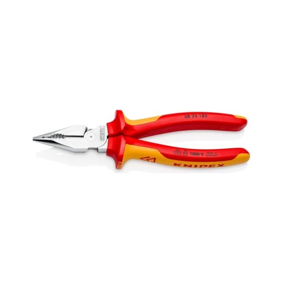 Комбинированные остроконечные плоскогубцы KNIPEX с удлинёнными губками, длина 185 мм, хром, 2-комп диэлектрические ручки KN-0826185 Комбинированные остроконечные плоскогубцы KNIPEX с удлинёнными губками, длина 185 мм, хром, 2-комп диэлектрические ручки KN-0826185