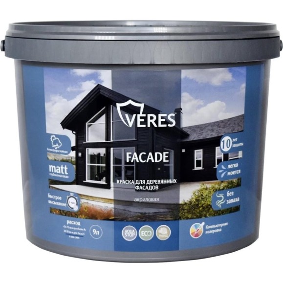 Краска для деревянных фасадов VERES facade акриловая, матовая, 9 л, медовый 256920 Краска для деревянных фасадов VERES facade акриловая, матовая, 9 л, медовый 256920