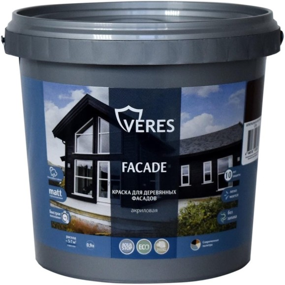 Краска для деревянных фасадов VERES facade акриловая, матовая, 0.9 л, шоколадный бархат 256921 Краска для деревянных фасадов VERES facade акриловая, матовая, 0.9 л, шоколадный бархат 256921