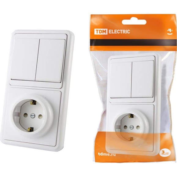 Блок TDM ELECTRIC комбинированный, БКВР 2-х клавишный выключатель, розетка, 2П З с з/ш SQ1813-0002