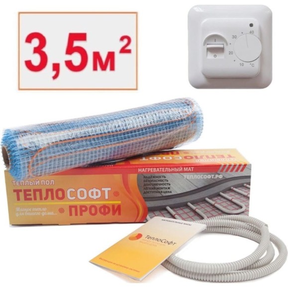 Нагревательный мат ТеплоСофт Профи 3.5 м.кв., 525 Вт, с терморегулятором 35525