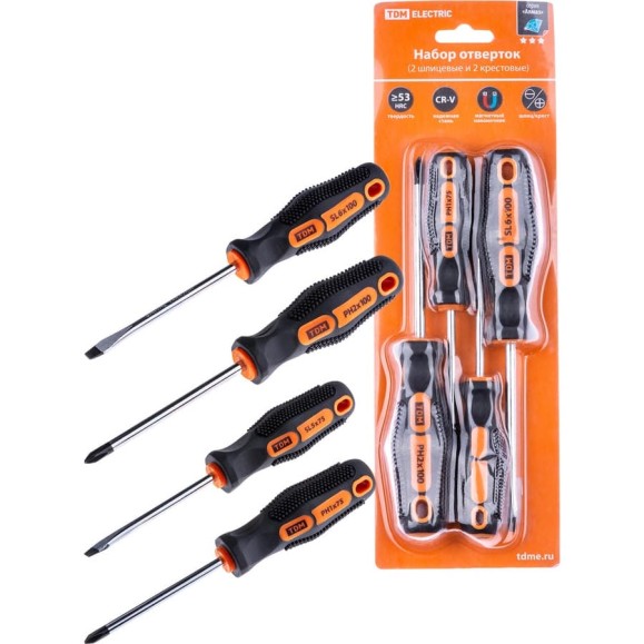Набор отверток TDM ELECTRIC 4 штуки в блистаре SL5х75, SL6х100, PH1х75, PH2х100 серия"Алмаз" SQ1013-0201 Набор отверток TDM ELECTRIC 4 штуки в блистаре SL5х75, SL6х100, PH1х75, PH2х100 серия"Алмаз" SQ1013-0201