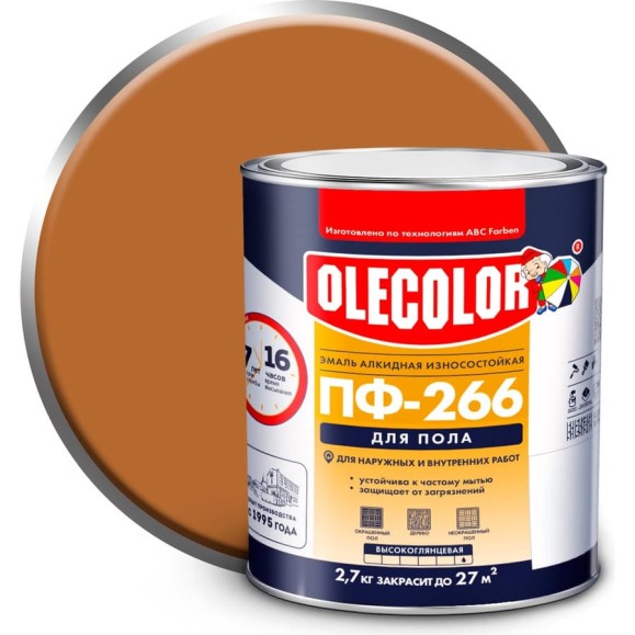 Эмаль для пола Olecolor ПФ-266 светлый орех, 2.7 кг 4300011455 Эмаль для пола Olecolor ПФ-266 светлый орех, 2.7 кг 4300011455