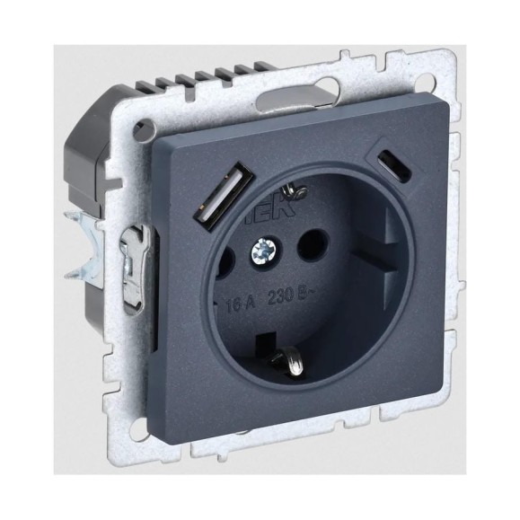 1-местная розетка IEK Brite с заземлением с защитными шторками 16а с usb a+c 18вт рюш11-1-брм маренго BR-R14-16-U22-018-K35
