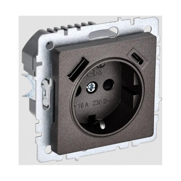 1-местная розетка IEK Brite с заземлением с защитными шторками 16а с usb a+c 18вт рюш11-1-бртб темная бронза BR-R14-16-U22-018-K45