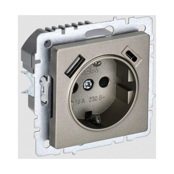 1-местная розетка IEK Brite с заземлением с защитными шторками 16а с usb a+c 18вт рюш11-1-брш шампань BR-R14-16-U22-018-K37