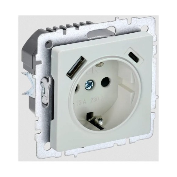 1-местная розетка IEK Brite с заземлением с защитными шторками 16а с usb a+c 18вт рюш11-1-брж жемчуг BR-R14-16-U22-018-K36