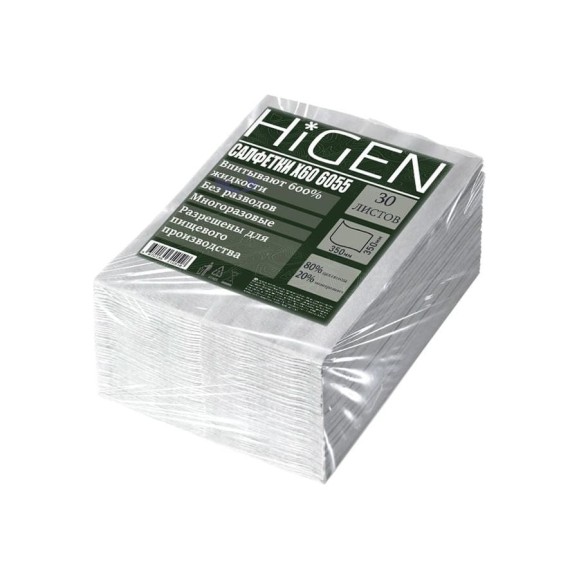 Салфетки для впитывания жидкостей Higen X60 в листах, белые, 60 gsm, 35x35 см, 80/20, 30лст/пач. 6055