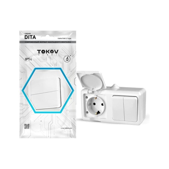 Блок оп TOKOV ELECTRIC dita (розетка 16а 250в с заземл. 2-кл. выкл. 10а) ip54 бел. TKL-DT-V2RZ-C01-IP54