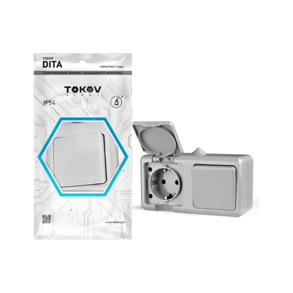 Блок оп TOKOV ELECTRIC dita (розетка 16а 250в с заземл. + 1-кл. выкл. 10а) ip54 сер. TKL-DT-V1RZ-C06-IP54